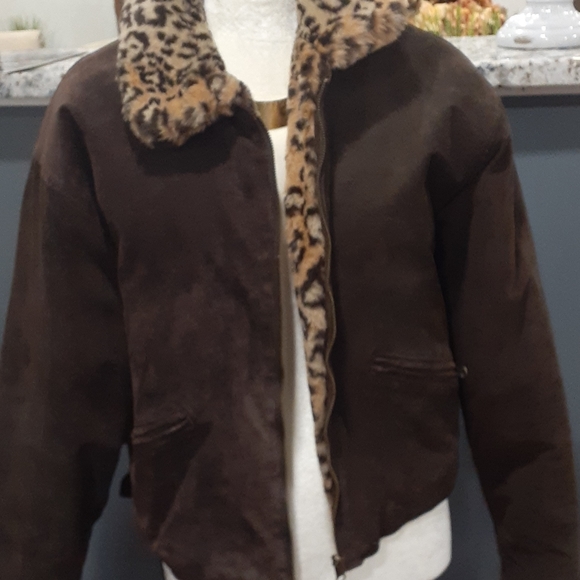 Vtg Joyce Leslie  faux fur leopard and leather reversible bomber  jacket size S - Picture 6 of 16